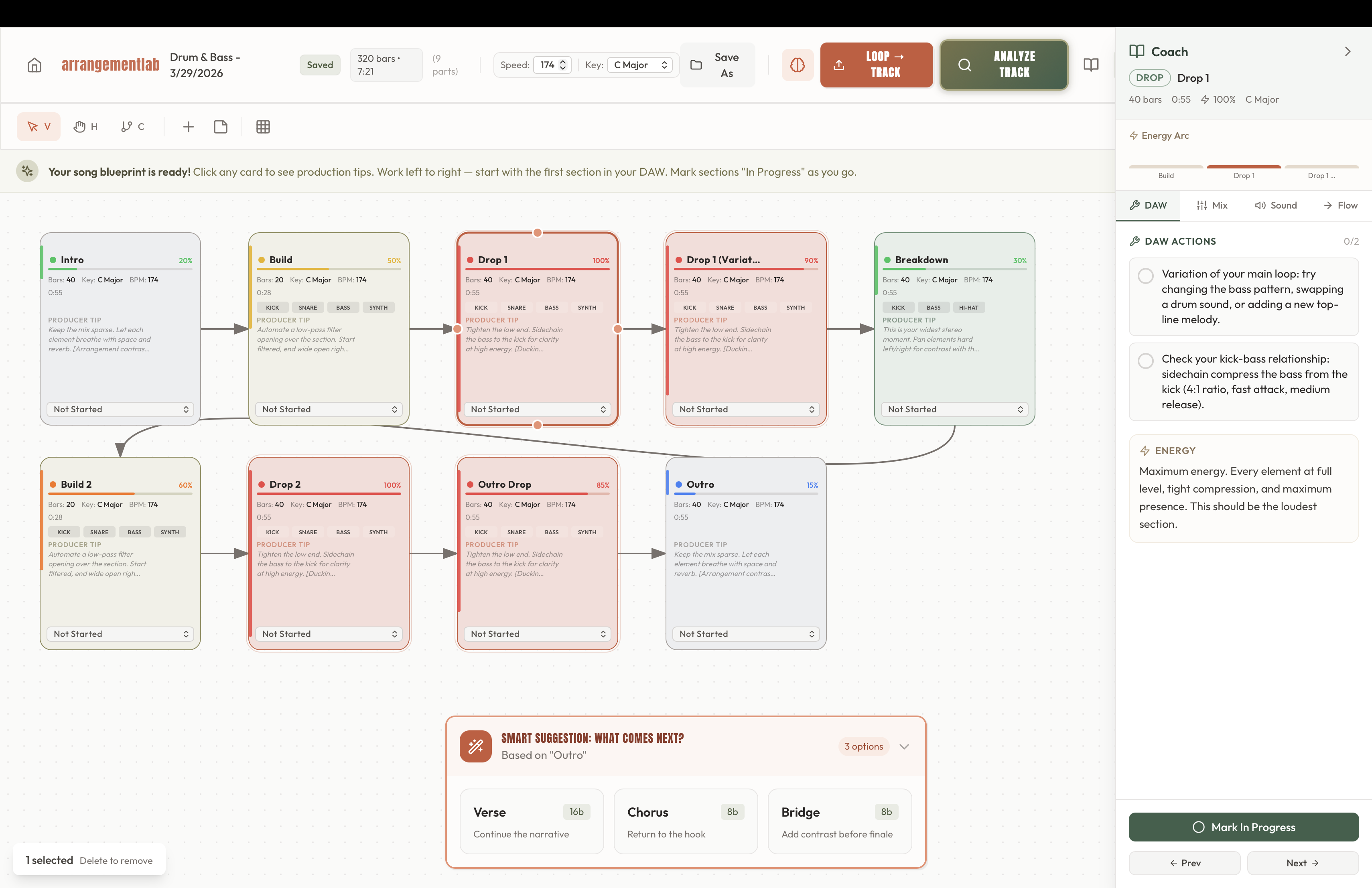 arrangementLab visual canvas showing song sections like Intro, Hook, Verse, Chorus, and Bridge with drag-and-drop arrangement