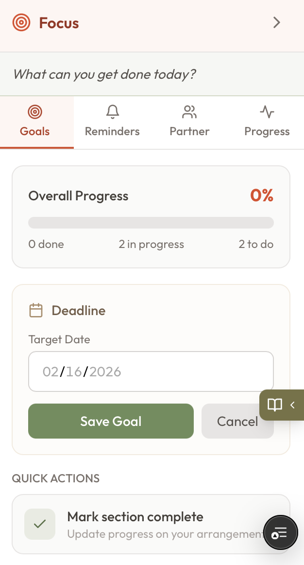 Focus panel with goals, deadlines, progress tracking, and section completion